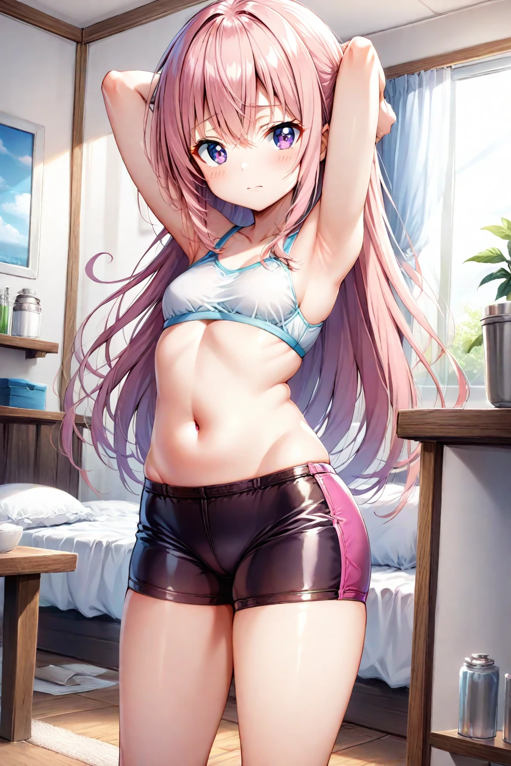 (In the living room)、1girl, (Younger sister kicking)、from the front、Angle from below、(Young face)、(Forehead)、Braid、Long Hair、((seductive grin)), ((high kicking)), 
panties, I have money in my hand、Camisole、Jersey shorts、(1boy), (((penis))), (((eject cum))), The boy collapses under his younger sister and ejaculates from his penis、(The boy had a fight with the younger sister and lost to her.)、In the background, my mother is in the kitchen.、younger sister「Weak... Aniki who lost to younger sister and got a hard dick lol... Pervert masochist lol」