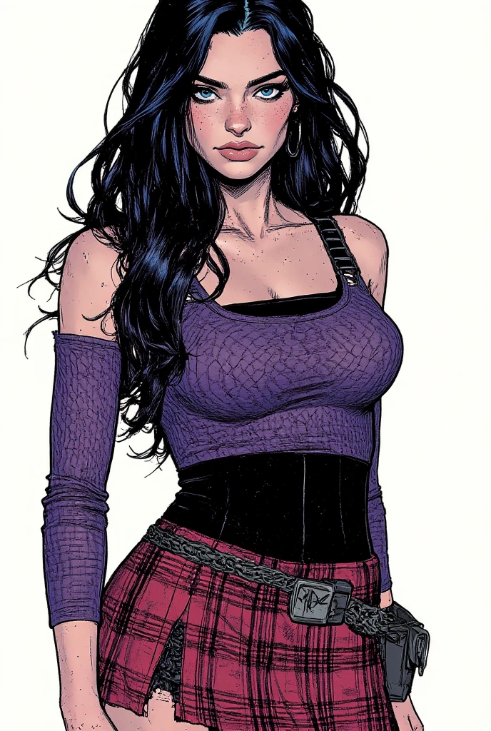 clay mann, super heroine, black top, black skirt, fit, abs, black hair, outside, sunlight, action pose, <lora:gothgirl:0.85>