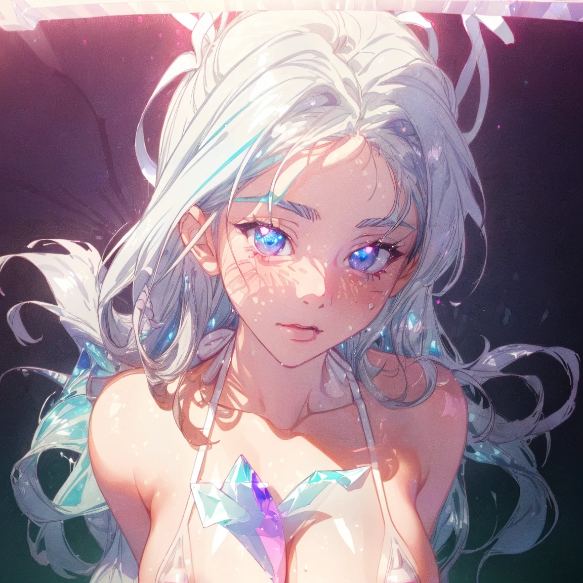(Best quality, 8K, Masterpiece:1.3, 1 girl, solo, Beautiful girl), cute, Dynamism, Detailed face, Detailed skin, detailed clothes, Detailed eyes, Detailed lips, Detailed tongue, Detailed fingers, Detailed mouth, Photorealistic, Raw photo, highres, hight resolution, Natural lighting, dynamic pose, perfect anatomy, toned legs, double eyelids, tear bags, round eyes, moist lips, sweaty, ecstatic face, ((colored liquid over the naked body:1.5)), Colorful hair, Colorful body, Colorful paint background, Smile, watercolor, absurdity, open legs, gradient liquid, silver liquid, golden liquid, blue liquid, red liquid, yellow liquid, purple liquid, green liquid, orange liquid, pink liquid, body-painting art, sfw, ahegao:1.2, half closed eyes, (breasts curtain), upper body
