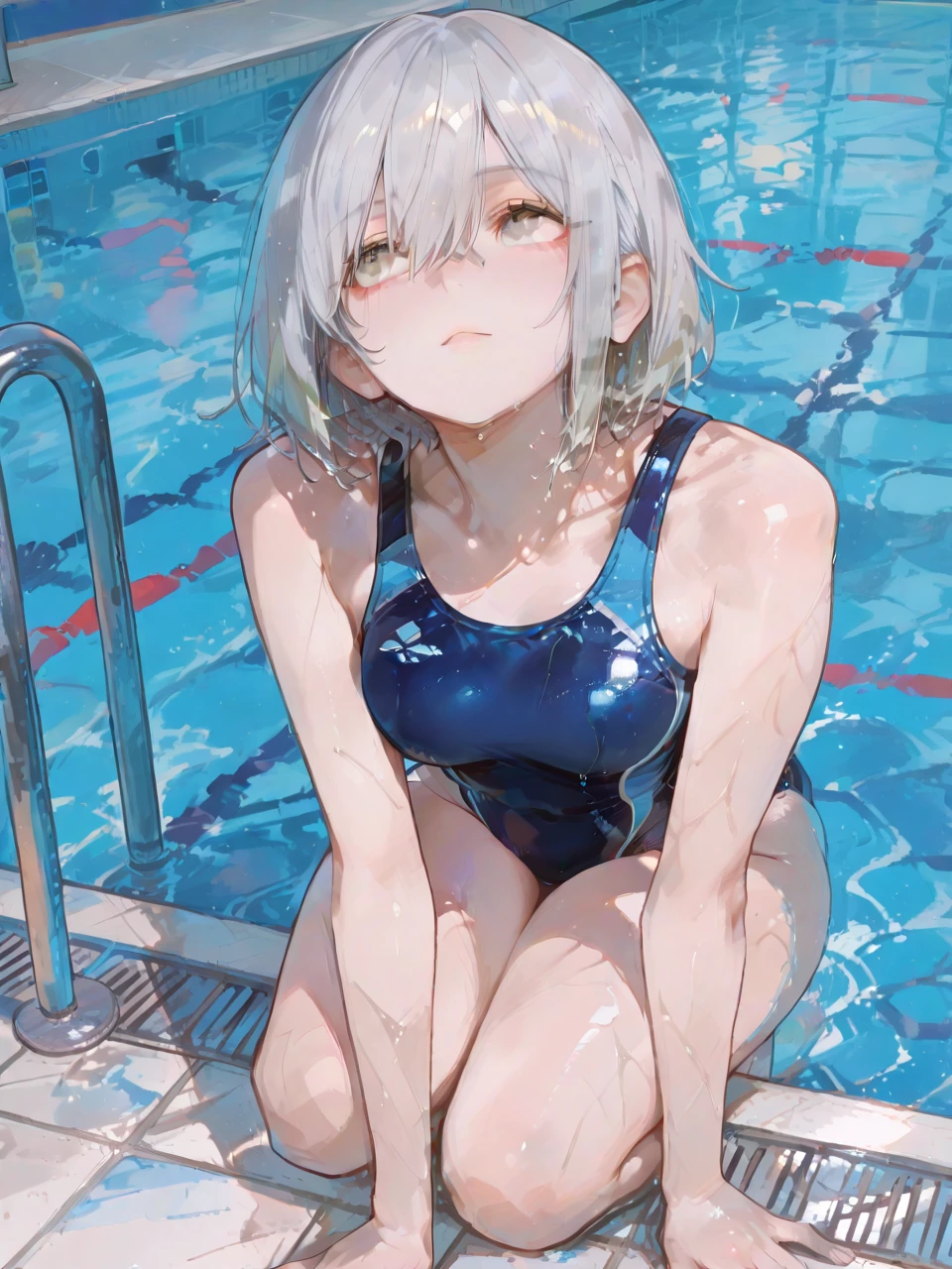 top-quality、Full limbs、complete fingers、Slender beauty、straight haired、extra very short hair、White knee-high、white school swim suit、Small eyes、Expression of distress、Recurve the body、wriggling the body
