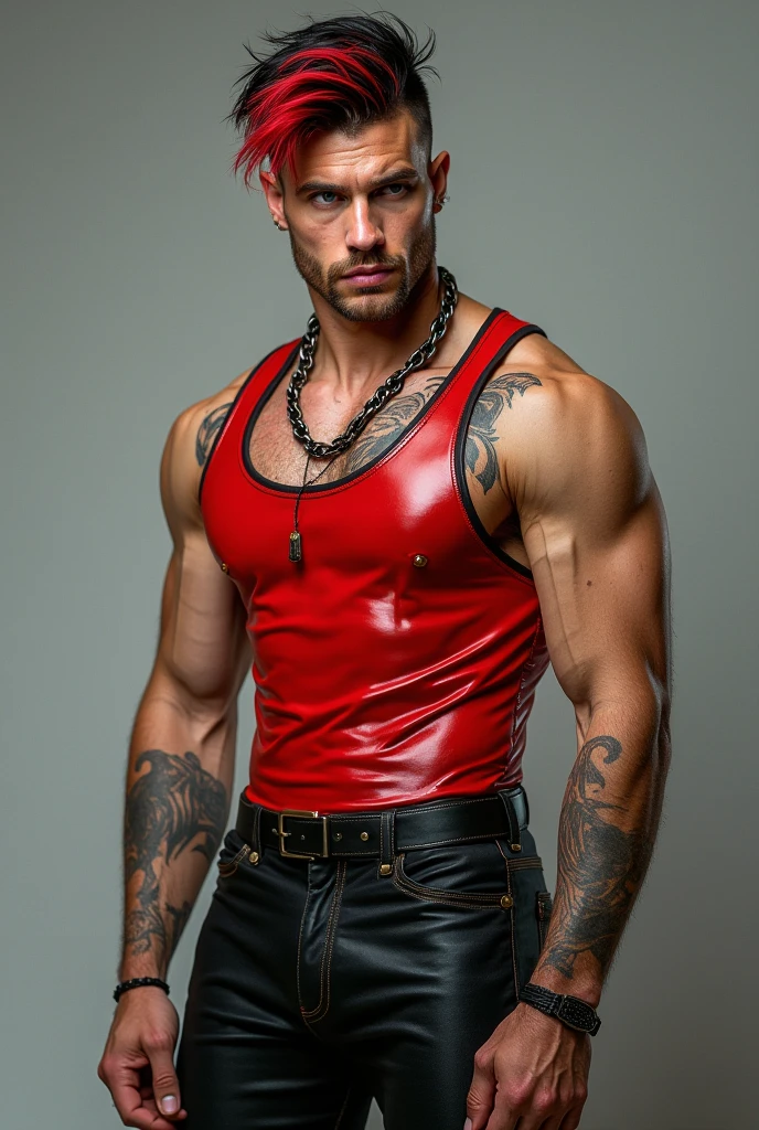 a muscular handsome man, blood red suit, bare muscular chest, black hair, sexy expression, perfect detailed face, tattooed chest, hyper realistic, 8k, high contrast,