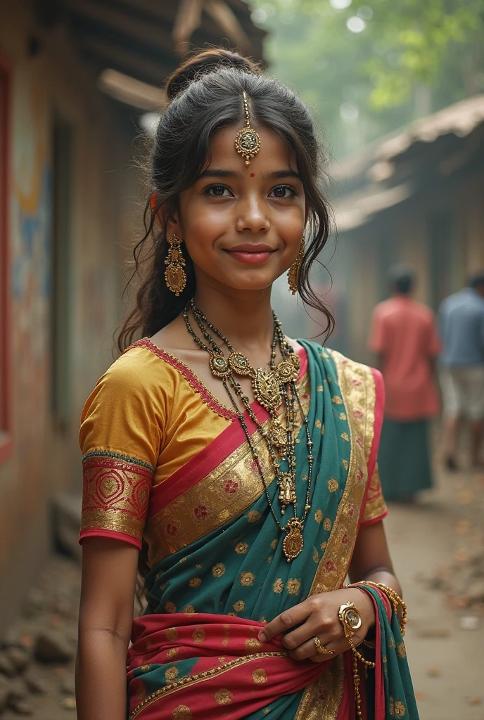 Create a cute nepali brahmin culture girl wearing a white kurtha and yellow sal and have properly white skin tone in a city background at a height of 4 feet and 11 inches and straight hair with light coming on her face with a normal size face and have small eyes looking like a real person