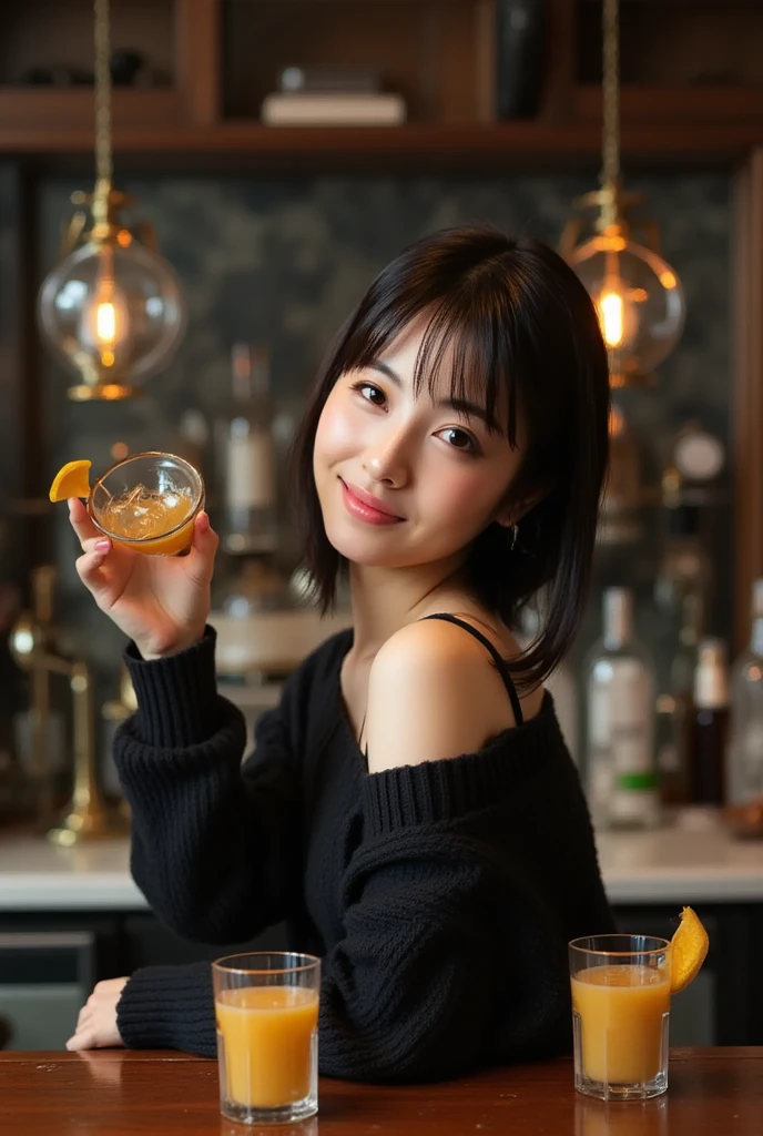 Very cute 20 year old Japanese woman, corners of mouth turned up, gentle smile, muffin top, detailed face, detailed body with nice curves, drinking wine in the living room. Late night, movie photography, Leica 50 mm prime lens, Cine Steel 800T film, art color photography