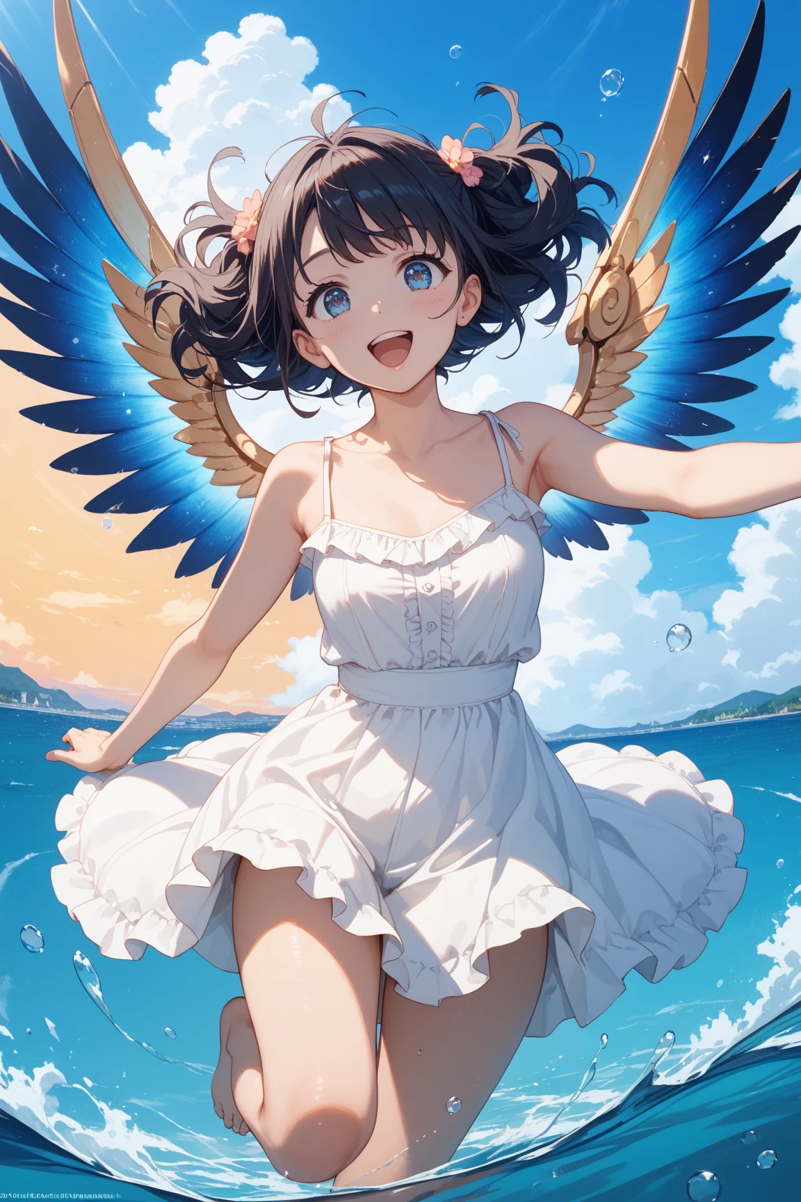 one-girl，cropped shoulders，Huge breasts，Particularly large breasts，Off-the-shoulder attire，，cleavage，Open navel，Upper body photo，Black color hair，upon the clouds，white  clothes，比基尼，swim wears，sandbeach，the sea，Close-up shot