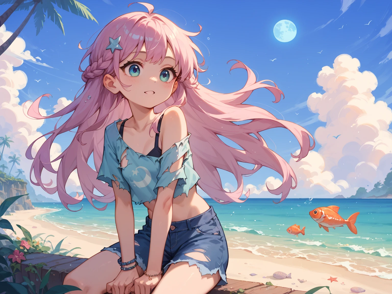 8K,gal，an extremely delicate and beautiful,Beautiful and realistic skin,Shiny jewel-like earrings,Shine like glitter colorful hair,beautiful eyes,bikini,hot pants,apron,carry beer,full body,beach house,night