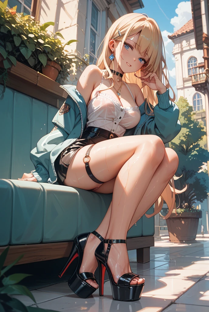((beautiful soles)), feet focus, foot fetish ((steampunk)), ((masterpiece)), (best quality), perfect anatomy, highres, detailed, 1girl, beautiful detailed eyes, jewel-like eyes, ((bare ass)), (smug), thin waist, naked, no panties, no bra