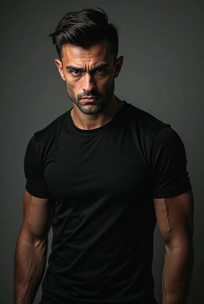 ((High quality), ((realistic shoulders)), (detailded), 1 young 26-year-old man in an extremely dark room with poor lighting, He has a trimmed beard and short hair back and little muscle., dressed in dark clothes , dark shirt and jacket without showing the belly