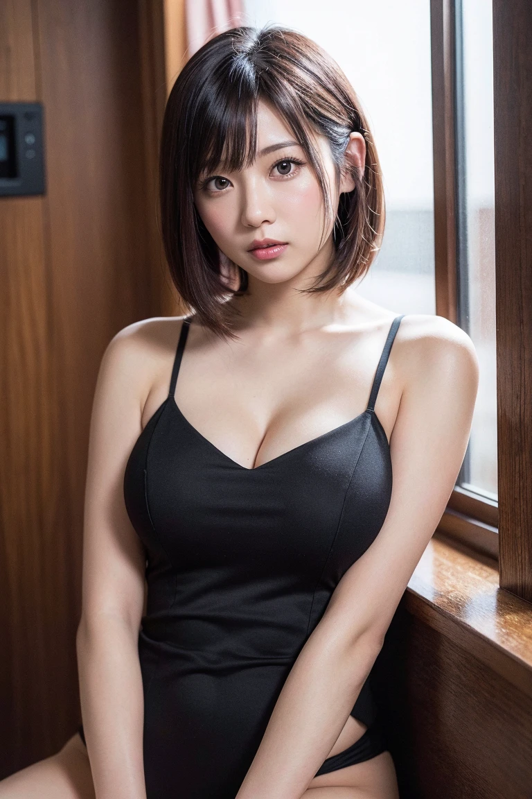 Panty Shot、Iris, short hair,compensate,Beautiful woman,high school girl,Very beautiful black hair、4K quality Super cute knit outfit、Short skirt , Sitting, blush,, My face is wet,Chest and elbows together,Japanese,Contemptする,Confused,Contempt,Embarrassing,,, panty shot、underboob、