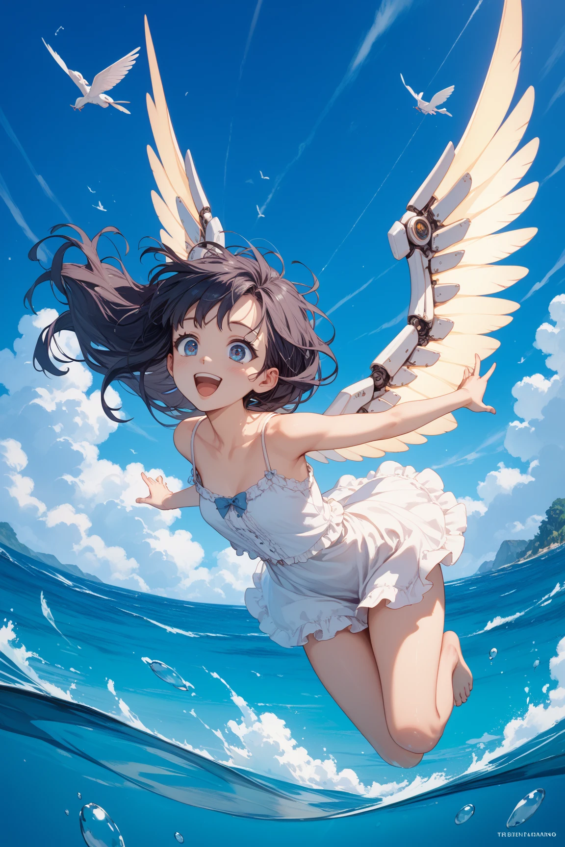an anime girl falling onto a very beautiful sea, the girl is wearing a white dress and she has wings, on the screen there will be white feathers and sun rays, the background theme has to be a very beautiful horizon, white and the blue sky with beautiful planets with blue colors