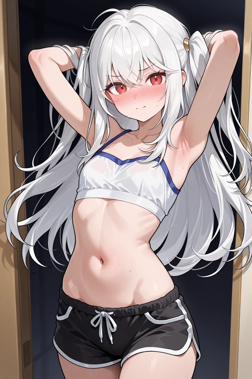 score_9, score_8_up, score_7_up, score_6_up, score_5_up, BREAK source_anime, rating_questionable, 1girl, , small breasts, gray hair, long hair, messy hair, amber eyes, blush, angry, black horns, crop t-shirt, boxers, big ass, wide hips, thick thighs, black dragon tail, abs, room,