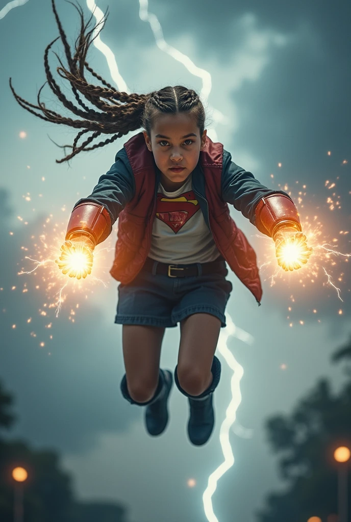 Girl child 10 years old, Russian ruivas in braids, com roupa de jaqueta de couro vermelha, fundo storm, ride into the storm, thunderbolt.