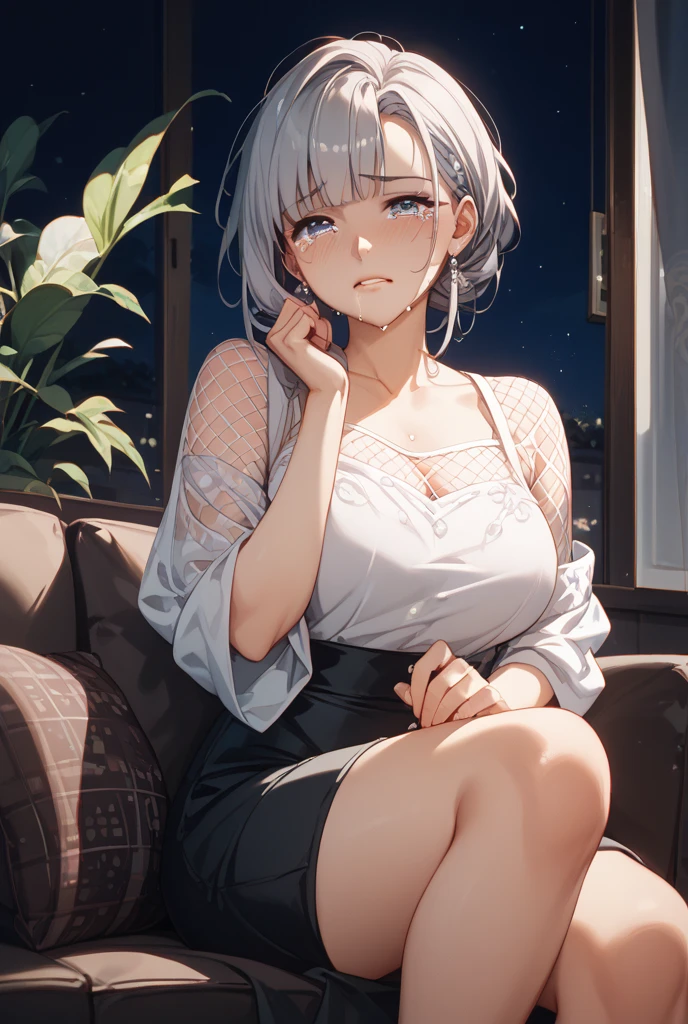 (best quality, ultra-detailed, photorealistic: 1.39), bright and vibrant colors, studio lighting, romantic expression, An effeminate girl, with a delicate and beautiful face. She is a girl who reflects seductive beauty, sparkling eyes, A beautiful adult woman beautiful and voluminous curly white hair, hair clip, crying a seductive 28 year old woman with big breasts seduces, with her large breasts seduces, black jacket, strapless tank top, pleated schoolgirl skirt, with her blue eyes that matches her soft smile, in a beautiful pose demonstrating her seduction on the street, sitting on a chair, tables and chairs on the sidewalk, restaurant next door, night, fireworks in the distance, buildings, night with soft lighting, anime style, like a manwha character