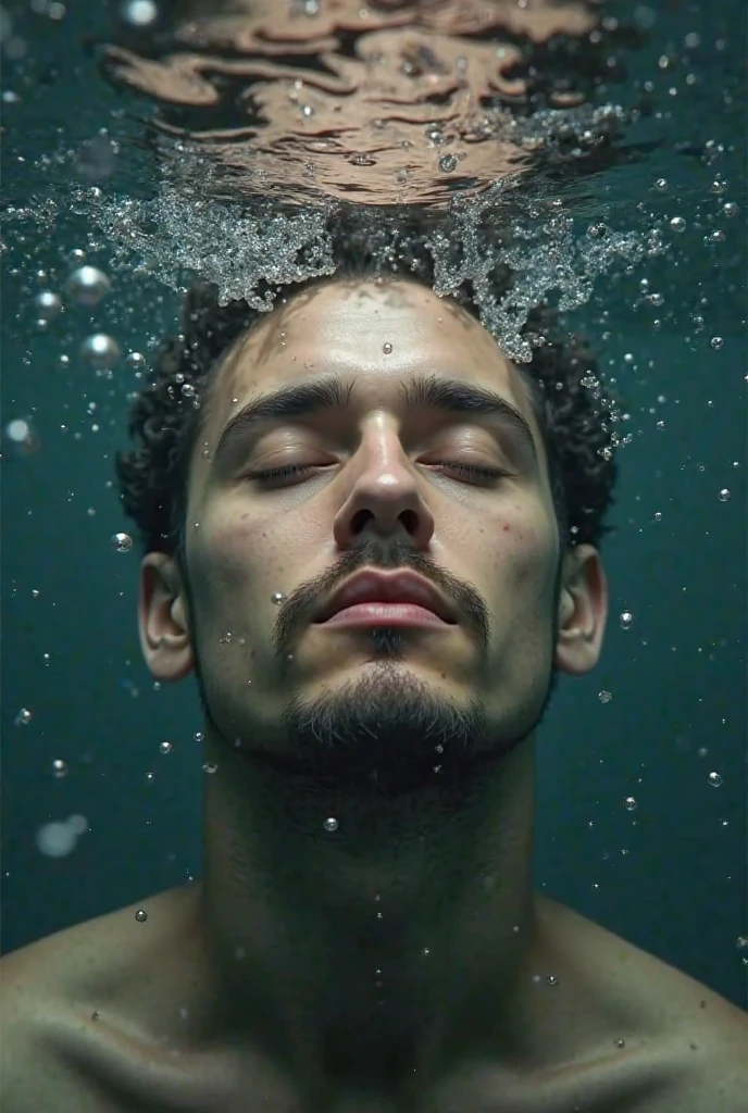 "A man is submerged in water, letting himself be carried by the current. His face shows a deep sadness. The image is captured from face to chest, emphasizing the emotion in his expression as the water surrounds him."