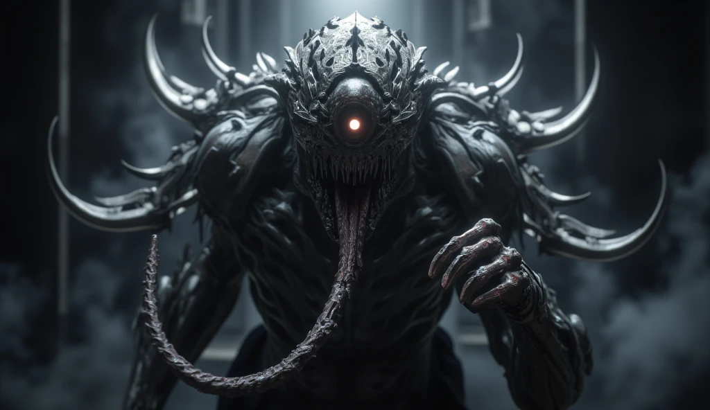 ultra realistic unreal engine 5 render, grotesque mutated freak, disgusting male insectoid alien creature, fleshy leathery skin, terrifying evil face, extended tongue, needle teeth, full body, too many limbs, ultra detailed eyes, gaping maw, intricate details, dark abandoned spacecraft corridor, rubble, pipes, moody cinematic lighting,