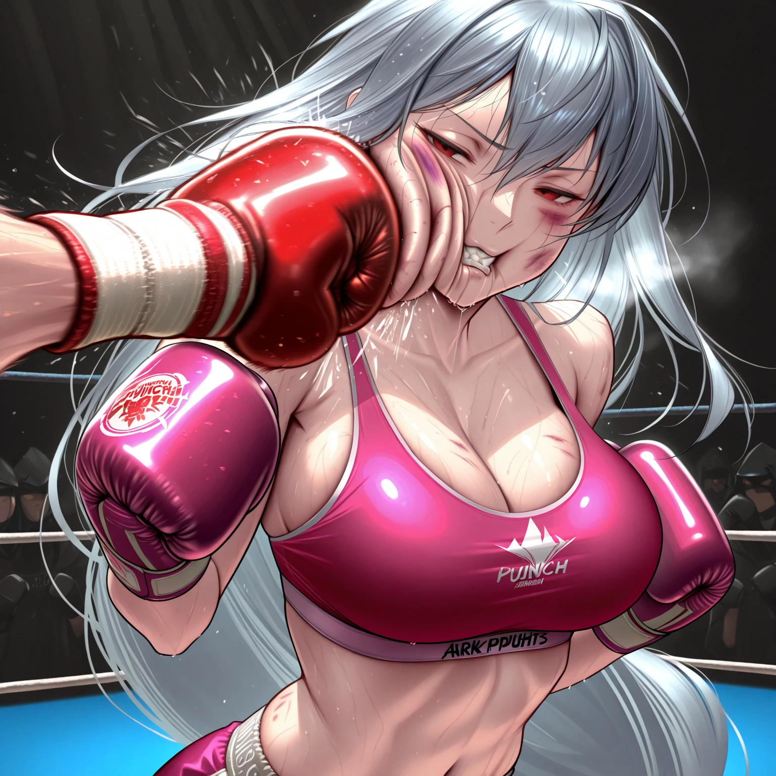 high quality,Mature beauty,White straight hair,Red Eyes,shy,blush,Wear strapless underwear,Black stockings,High heel,Wearing boxing gloves,Cleavage,Large Breasts,Camel toe,Long legs,Thin waist,Vest line,Absolute Domain,Sexy pose