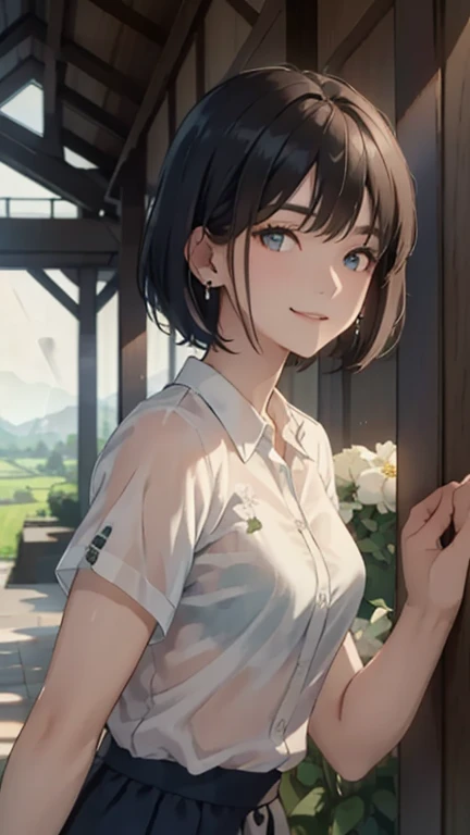 1girl, black hair, blue eyes, pale skin, powder blue t shirt, puffy short slevees, yellow pants, short hair, smiling, floral print, open mouth, garden, outdoors, head band, standing, Masterpece, looking at the viewers,  cowboy shot, ,looking at veiewers, 4K, 8K, UHD, ultra-detailed, HDR, High quality, Best Quality, ((best quality)),