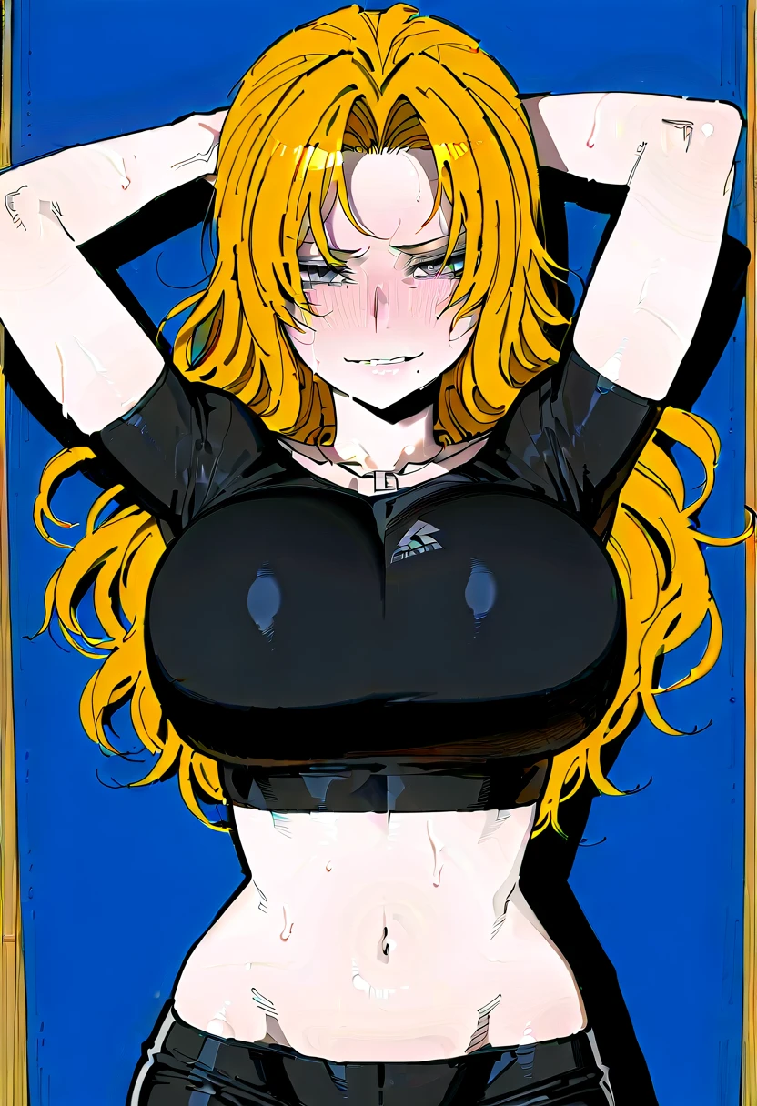 ((((masterpiece)))), high quality, very_high_resolution, large_filesize, full color,extremely detailed artwork,1 mature female((dark skin:1.5,golden eyes:1.4,Bright blonde hair:1.3,gal style,big ,)), Leopard-patterned underwear,virgin killer sweater