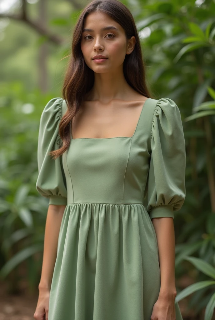 Female supermodel. Takeshit Dori, Tokyo. Pastel green evening dress. Sunset