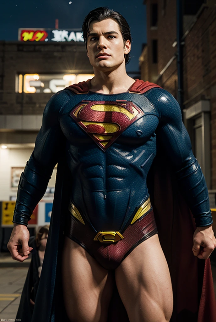 Man body setting，Superman costume tights , (bare thighs ) , sexy , NSFW , eroticism ,   seduction, standing , big thighs , fat hips , porn , exposed skin , exposed thighs , puffy nipples
