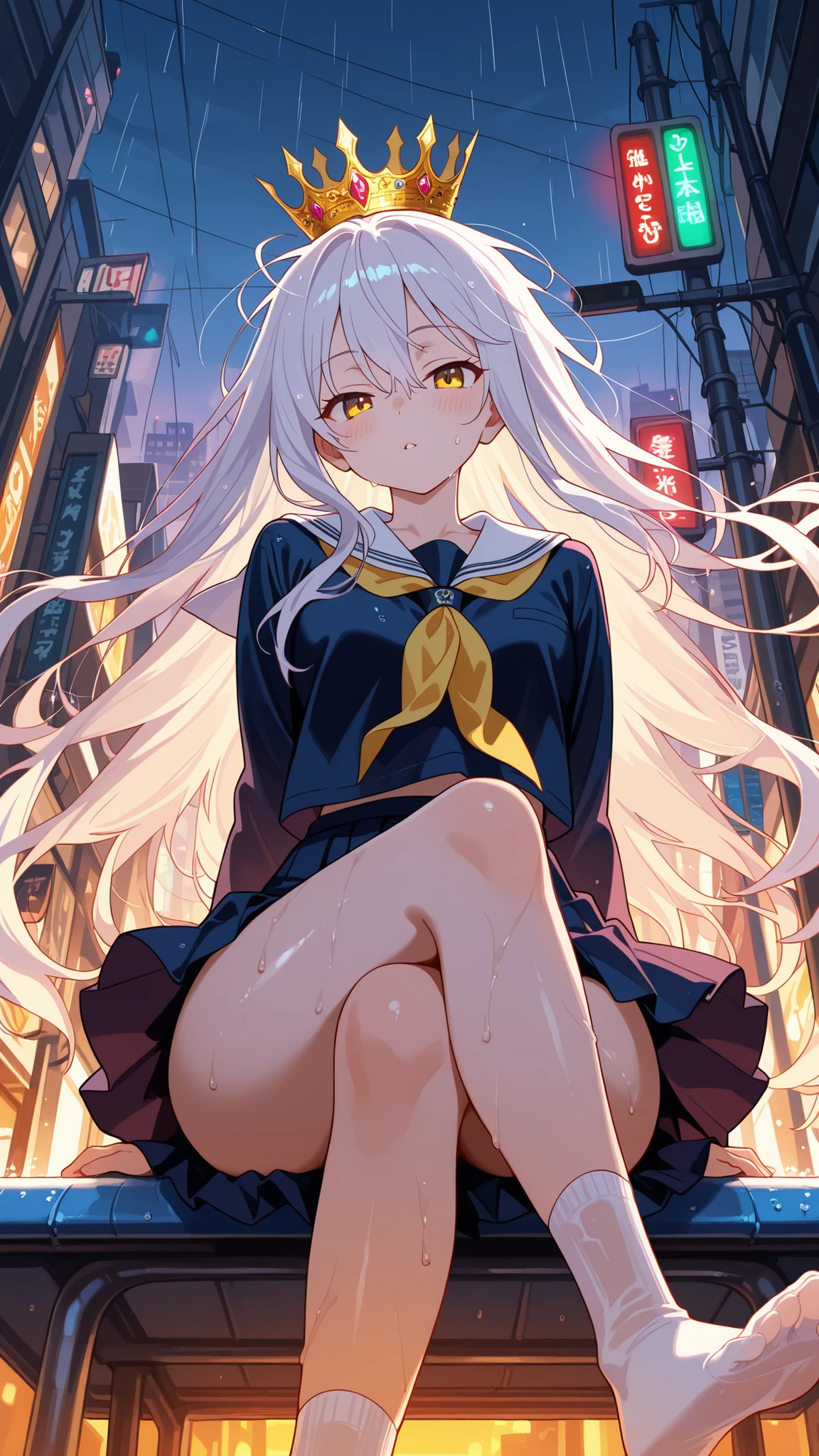BREAK (masterpiece:1.2), best quality, high resolution, unity 8k wallpaper, (illustration:0.8), (beautiful detrealistic modern city street at dusk, wet road after rain, puddles reflecting traffic lights and buildings, glowing shop signs, evening sky, cinematic soft lighting, high detail, photorealism, ultra HD,shiro, long hair, hair between eyes, very long hair, white hair, messy hair, yellow eyes,,crown, shirt, long sleeves, school uniform,cleavege, serafuku, sailor collar, neckerchief, white sailor collar, yellow neckerchief,high white socks,raised hips,blush, seductive expression,floating hair,looking at viewer,cowboy shot,floating skirt,make-up,arched back,wide-angel,sitting,cross legs,from below,feet,naughty