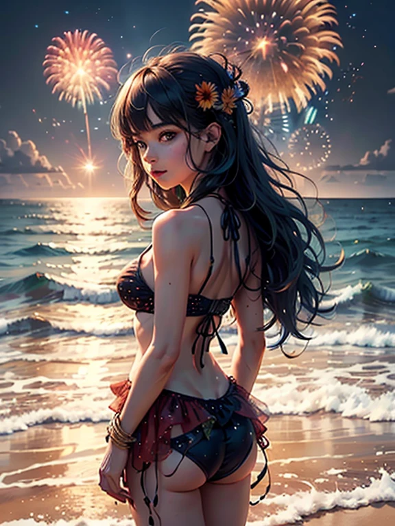 Beautiful woman dancing to Caribbean songs in a luau with a tropical atmosphere at night, stars, beach in the background, party atmosphere, vibrant colors, panoramic view, intricate details, high definition, high resolution, soft lighting, 2d anime style