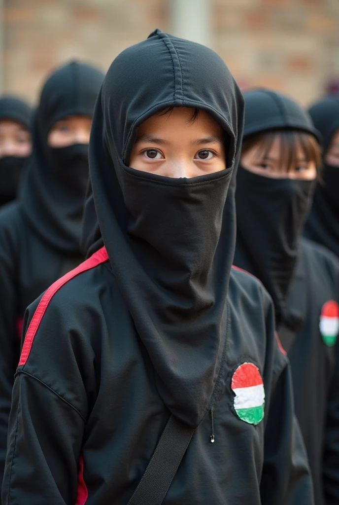 Indonesian youth, veiled, dressed in green,  carry red and white, the atmosphere of seizing independence