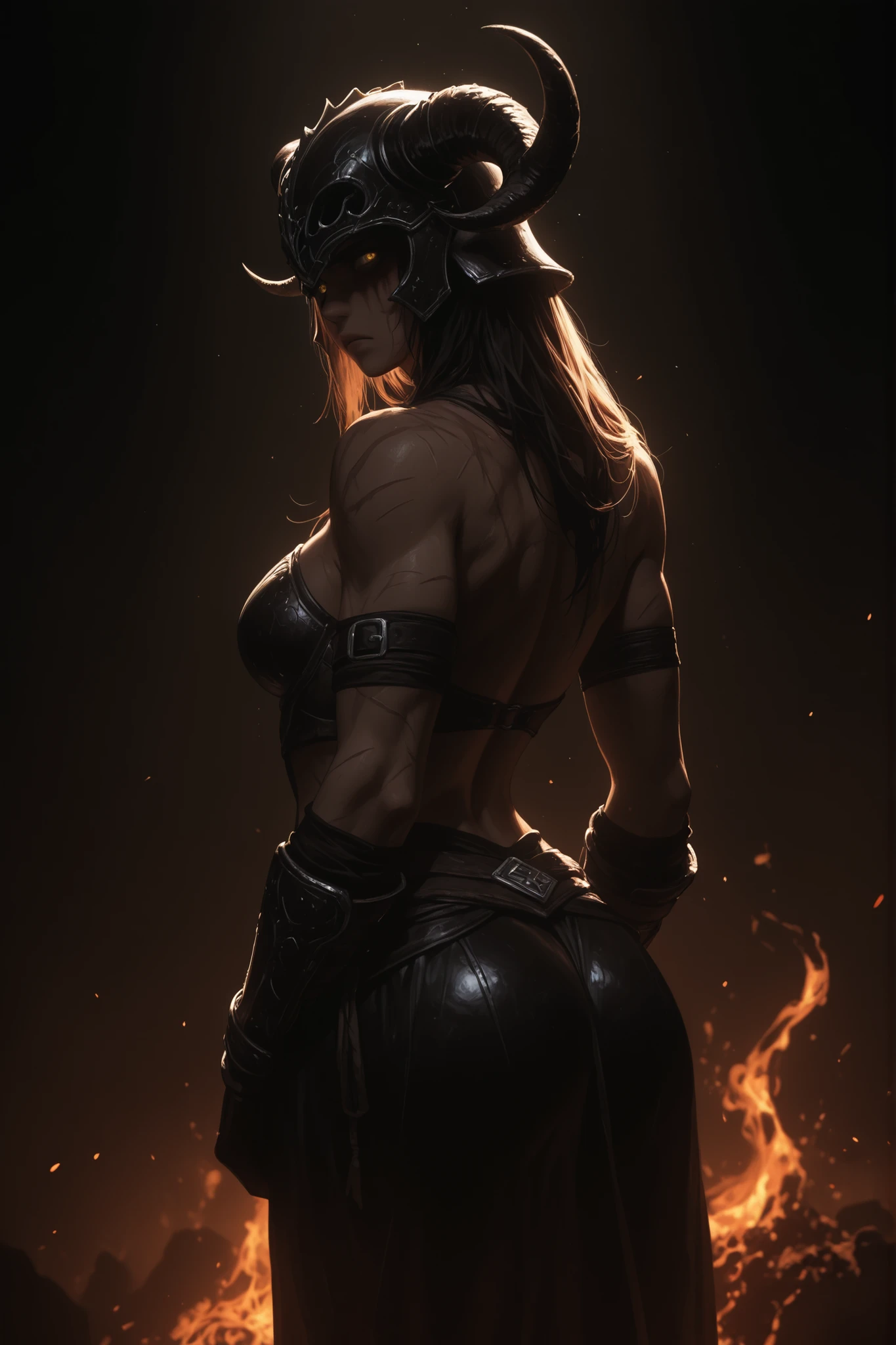 a barbarian warrior, with a beautiful face marked with scars, in a back pose where you can see the muscles of her back without losing her sexy appearance, with scars, wearing detailed and tight leather armor, and a horned helmet, her facial expression is a frown and her bright yellow eyes, as if fury were taking over her, the lighting is divided giving very marked shadows and the background is darkness with flames and ashes, in a dark fantasy and Skyrim artistic style
