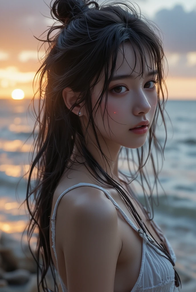 Hair blowing in the wind、Sweaty skin、Sweaty hair、Wet clothes、Coast at dusk,A cute girl with a face like a Japanese idol, Short Hair, Skinny body、athlete、(Cinema Lighting),(Natural light),(High level of artistry),(artistic),(Indistinguishable quality from the real thing),{{RAW Photos}},{{Genuine}},High resolution,masterpiece, beautiful, Handsome Tomboy, Looks like a salon model, Cool face, (nsfw),、Puzzled、shame、sleepy、(Spoiled:1.4), Cowboy Shot、Monokini、