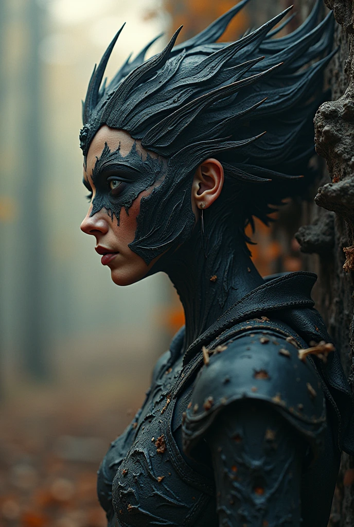 Full body shot of a female character with choppy dark hair and intense green eyes, wearing a lace transparent dress with a deep V-neckline that reveals her skin beneath, the vine-like patterns tracing down seductively. She stands in a secluded forest grove, leaning against a tree with a faint smile, her gaze inviting yet mysterious. Her armor glints in the dappled sunlight, accentuating the curves of her body. Her pose is relaxed, with one arm draped over her hip, hinting at a dangerous allure. The background is a lush forest with golden light filtering through, casting a warm, intimate glow over the scene.