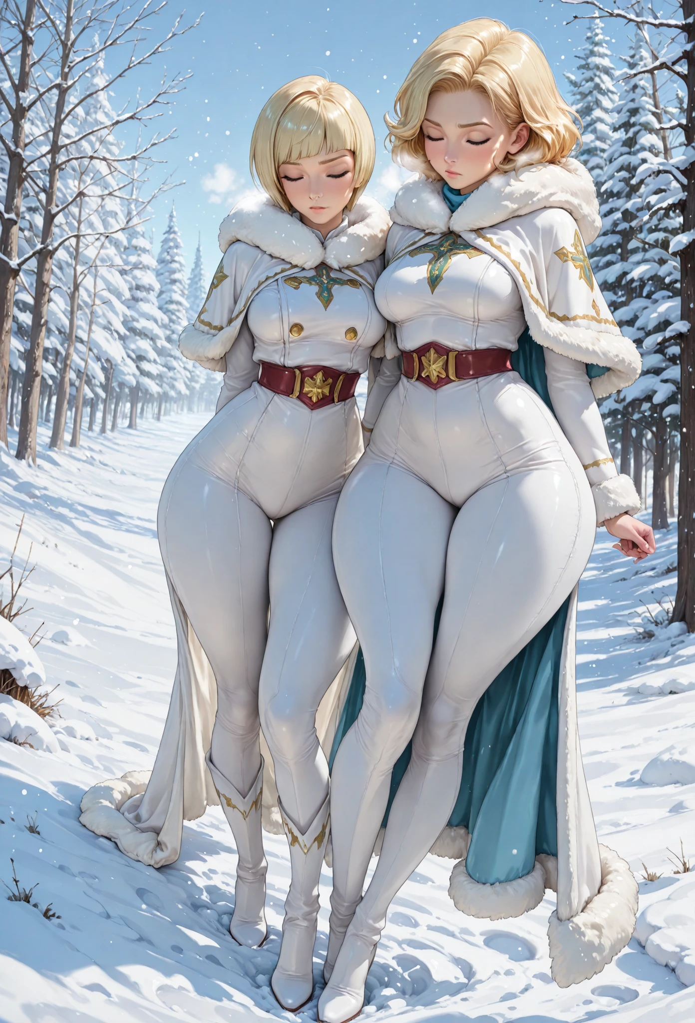 gwen tennyson,tracer,yorha 2b,rebecca chambers,nier automata,atelier ryza, close up,christmas forest,tattoos,white plugsuit,blue short sleeve crystal top, silver embroidery long white snowflake gown dress,silver embroidery crystal corset,white panties,short hair,princess makeup,green eyes,multicolored silver hair,sexy smile,freckles,beautiful girl, large breasts,white stockings,8k,ultra detailed,realistic,fantasy art,crystal armor,silver armor,fur cloak,snowflake princess dress,long dress train,crystal hair pin,ear piercings,christmas tree, snowflake hand and neck jewelry,walking,(weather:snowflakes flying),from behind,
