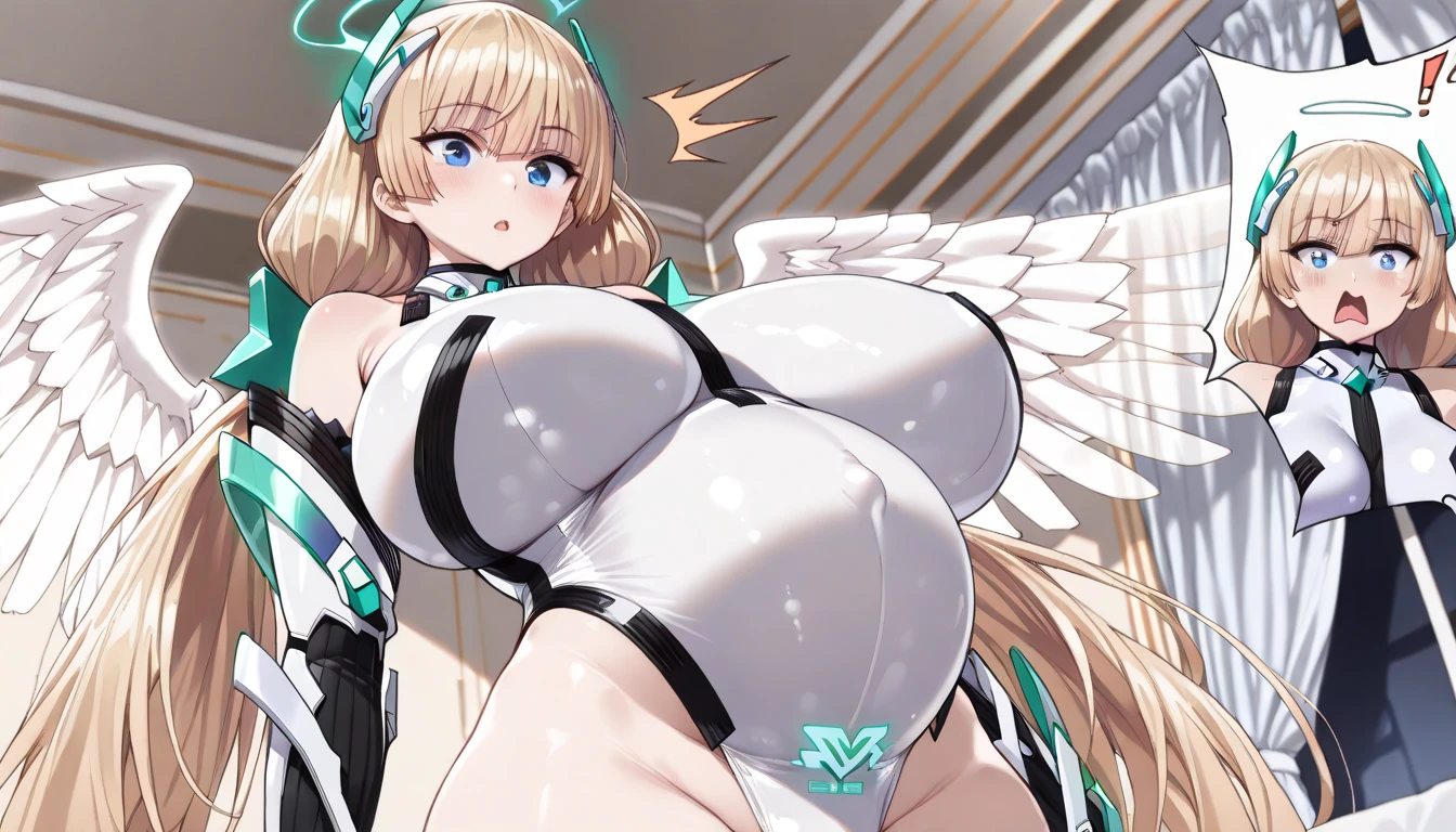 ((Angel, Big white wings:1.3, Halo:1.3)), (((Cowboy shooting))), ((flight)), archAngel Uriel, ((curls, Outward Curled Hair)), night, Sunset, ((blond, Bob Cut:1.3)), breast, teenager, (Looking at the audience), Oversized clothes, Puffy long sleeves, clavicle, ((White Off Shoulder Dress:1.3, Thick shoulder straps)), (((Sleeves over wrists:1.3))), ((White Dress)), clavicle, Head tilt:1.3, (((blue eyes))), ((a happy expression)), (((Anime style))), (best quality, 4K, 8K, high resolution, masterpiece:1.2, Extremely detailed, Extremely detailed eyes, Human Development Report, Ultra HD, Studio Lighting, Super Fine, Clear focus, Physically Based Rendering, Extremely detailed的描述, professional, Bright colors, Bokeh), ((best quality, Best image quality, 超high resolution, 超high resolution, Solitary, Intense eye highlights)), Writing border depth, Natural soft lighting, attractive, Pretty Face, Cleanliness, Pure complexion, Medium chest, Pretty Face, Perfect fingers, Perfect hands, Perfect body, Perfect face, Illuminate your eyes, Perfect anatomical structure