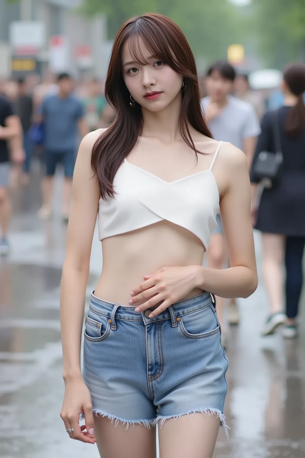 best quality, long hair bangs curly two side braids loose towards the front, (brown hair color), ultra high res, (photorealistic:1.4), 1lovelygirl, small girl, (young), pink puffy, nsfw,,(Kpop idol), (aegyo sal:1), (huge breasts), (denim shorts), smiling, cute, full body, hands together in front, background street, nature, peaceful neighborhood,(full topless:1.2), sunlight,lolita
