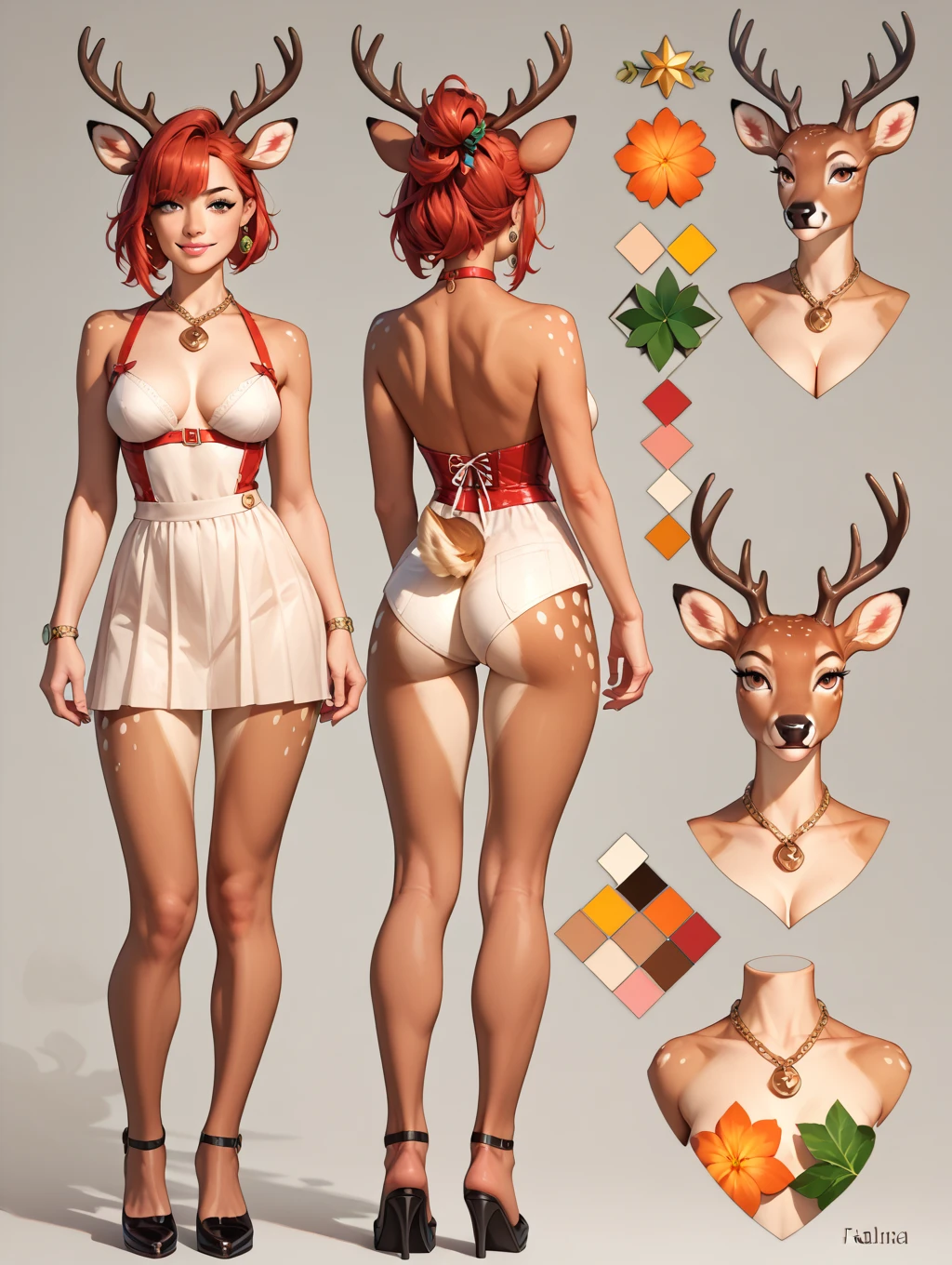 masterpiece, Best quality, antro, Furry, deer, Doe, Long eyelashes, plump, big breasts, big butt, Red hair, square hairstyle,shoulder-length hair, Cinematic lighting, Scattered light, A high resolution, high detail, ultra realistic, nice smile, smiling, Reference, full height, вид в full height, deer hooves, a tall girl, looks from the front, standing straight, full height, coming, stepping, strolls, You can see the legs, hooves are visible, Deer tail, Dressed in underwear, , Reference персонажа