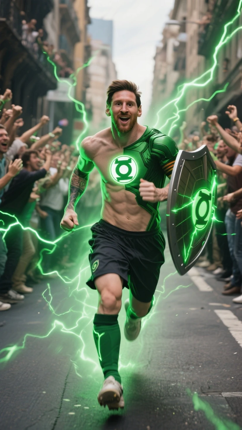 “A stunning, dynamic illustration captures the essence of Léon Marchand, the green,yellow, and white torpedo-shaped man, soaring triumphantly through the air. His muscular body is encased in a form-fitting suit, accentuating his powerful physique. Four gleaming golden medals adorn his neck, a testament to his incredible achievements. The background is alive with a stadium filled with cheering crowds, their enthusiasm palpable. A banner celebrates Léon's victory, adding to the atmosphere of triumph and boundless energy that permeates the entire scene."