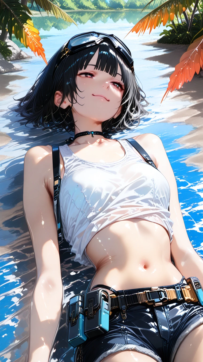 whole body, solo, alone, delicate facial features, medium tits, medium hair, black hair, tearful mole, earring, t-shirt, crop top, Hot Pants, outdoor,