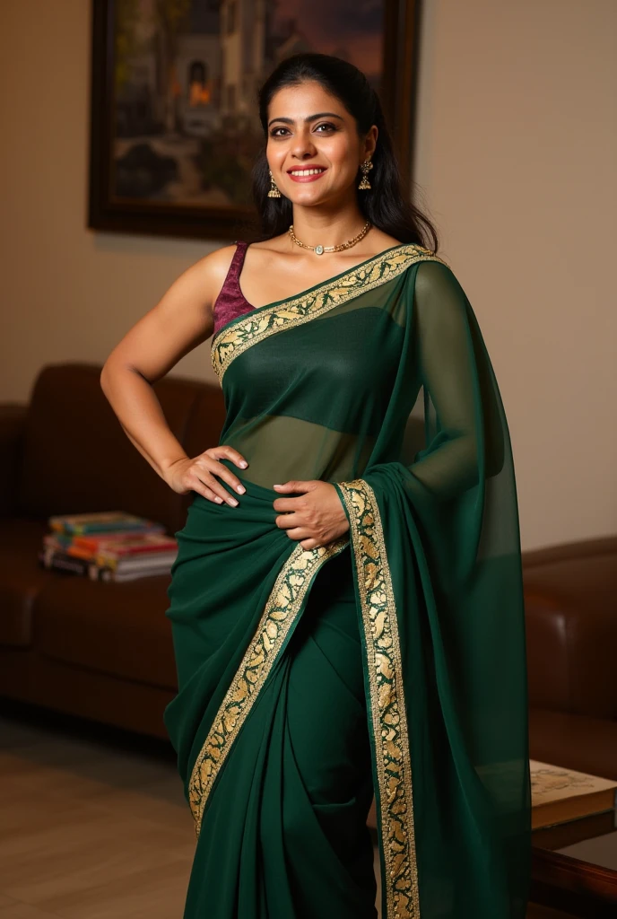 South Indian women, wearing cream colour chiffon transparent shiny skirt and light green shirt