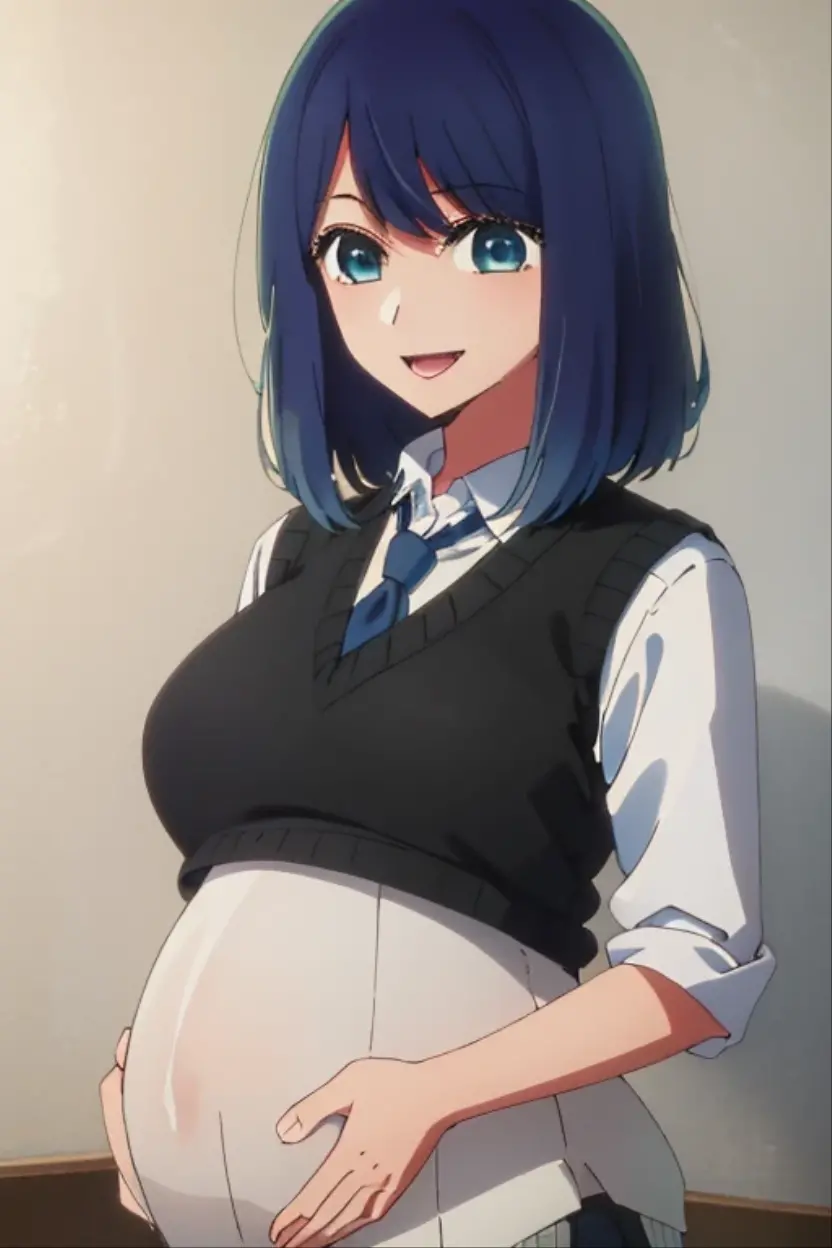 beautiful lighting, 1girl in, solo, Akane, white shirt, Sweater Vest, Black vest, Blue tie, ((anime styled))、((2D))、A smile、Open your mouth、The long-haired, (((pregnant woman)))