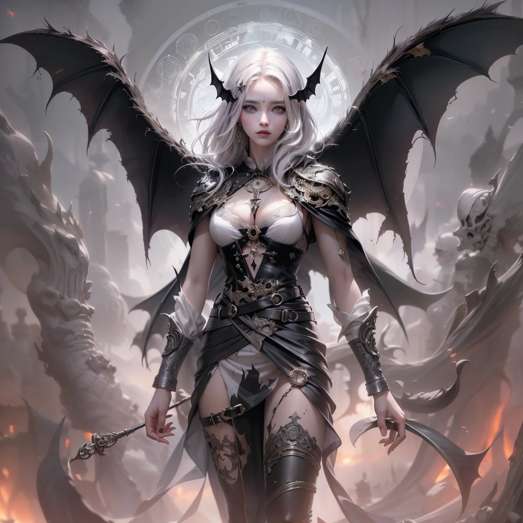 a fantasy image, a cave full of bones and skulls, it should show a faint moonlight, in the center of the image there should be a woman with long bat wings and long horns, the background should be a clear night sky with a moon red behind.