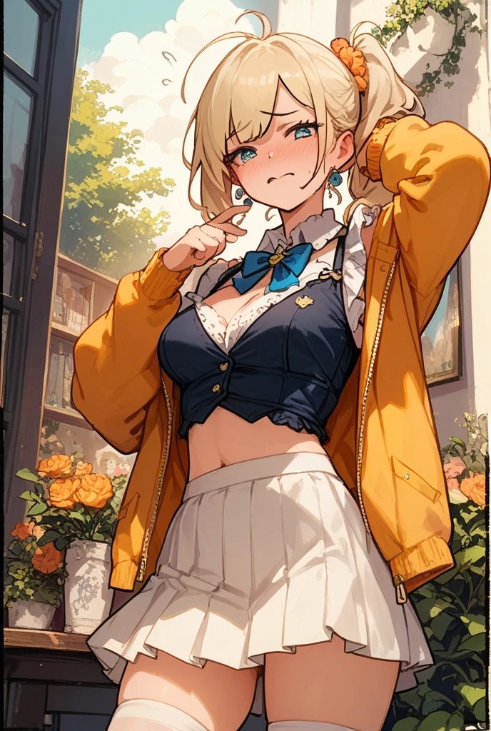 (Marco),Perfect ,don quixote \(limbus company\, Naked、Blonde hair, a beauty girl、eye glasses、middlebreasts、Short hair, hair between eye, Orange Eyes、Tank Tops、cleavage of the breast、flered skirt、a necklace、breathless、pierced nipple、Chain scientist hat from the nipple、Basketball Hand、armor、`She has a book and a phone、(college campus )、Cowboy style、hiqcgbody