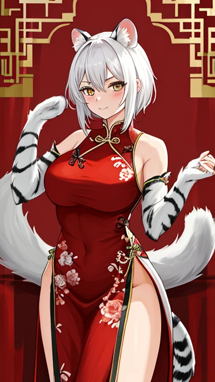 top quality, best quality, High-quality illustrations, masterpiece, 16k, 1080p, uploaded on e621)(kemono, furry, anthro, alone), round, 1 female, hot mother figure, very detailed body face and eyes, white ferret, Hanazono Chiyuki, (Sdorica), white fur, fluffy, big breasts, tail, perfect eyes, yellow eyes, white ponytail hair, beautiful japanese dress, theatre, scene, body movement, body twitching, shy smile, red blushing,