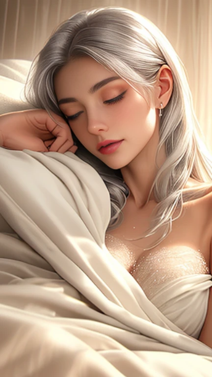1girl, white hair, blue eyes, translucent negligee, sleeping, princess