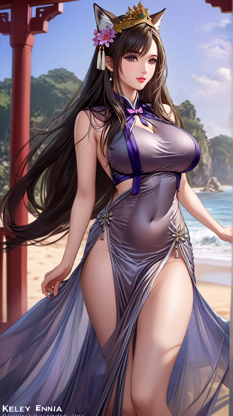 masterpiece, ultra high-quality, extremely detail 8k cg, high resolution, 1girl, yuugao, solo, purple hair, long hair, sidelocks, brown eyes, perfect eyes, thin body, huge breasts, bursting breasts, evening gown, halterneck, criss-cross halter, high heels, choker, beautiful face, outdoors, garden, night time, full shot photo, full body
