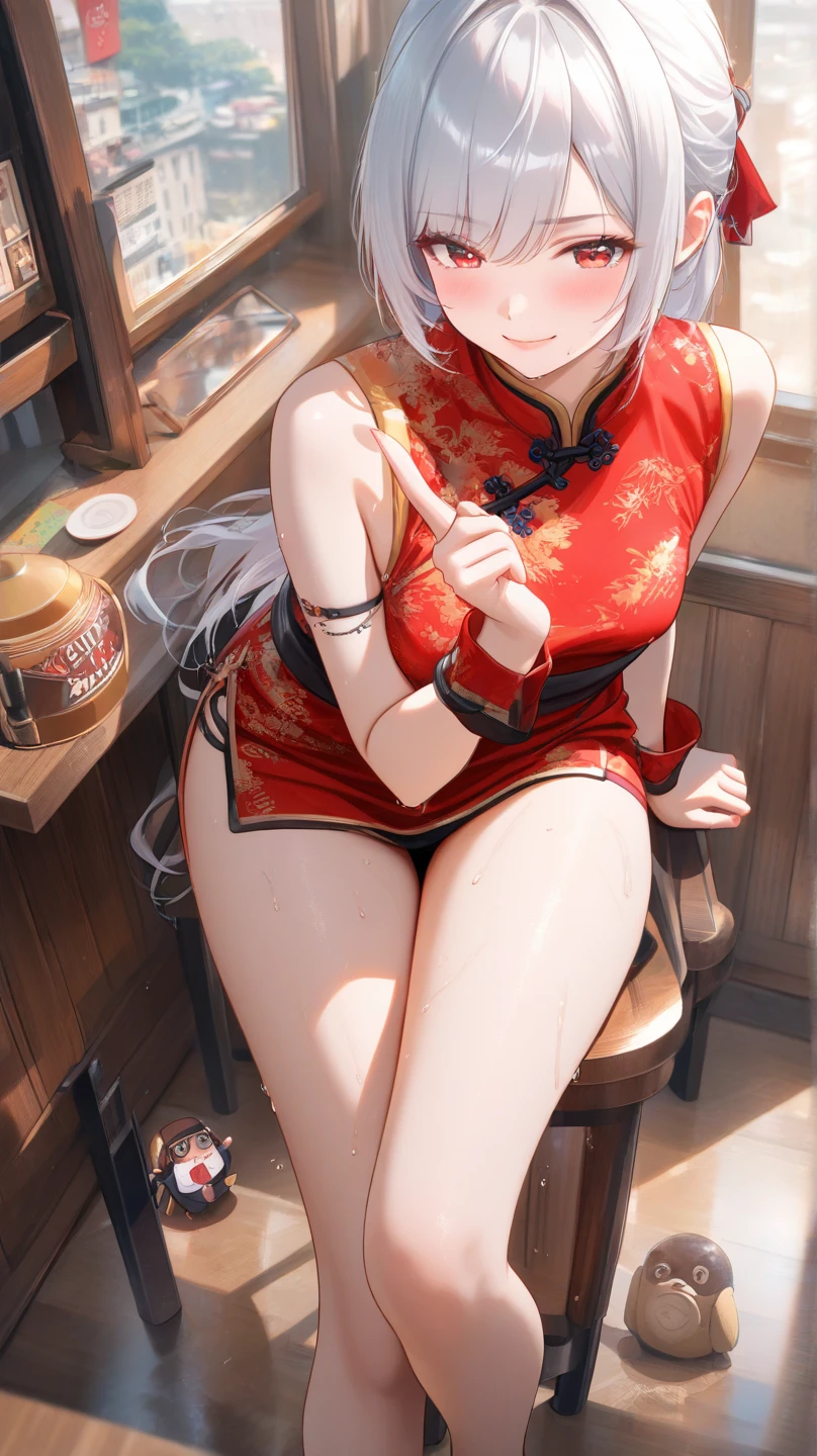 A Female robot is sleeping in bedroom, spread legs, ????, banzai pose. she wears no dress. She Brown short hair is tied with two big red clothespins, She lifts up the under hem of her white plain dress, leaning over, masterpiece, very short pigtails,brown hair, mature, android, blue eyes, full body figure, Height: 160cm, flushed cheeks, 2020s anime picture, A beautiful robot with short brown hair in two short pigtails held up by two very large huge red clothespins, Uplifting, No NSFW, whole body, barefoot, archaic smile, getting ??????, 25 years old, sweat bucket.