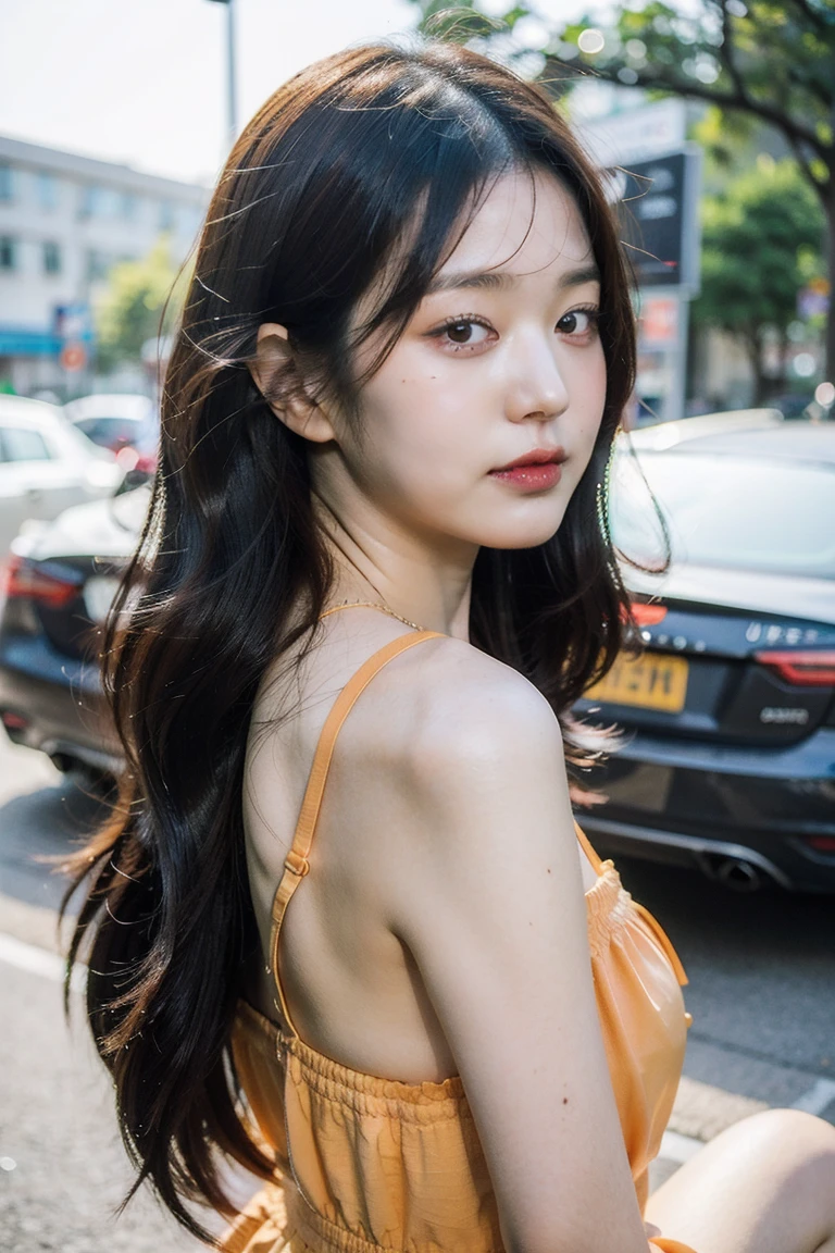 Best quality, masterpiece, ultra high res, (photorealistic), raw photo,1girl, skinny, upper body,solo, realistic, looking at viewer, long hair, bokeh background, city streets,brown eyes, bohemian dress, <lora:makina69_bestgirl_v2.2:1>