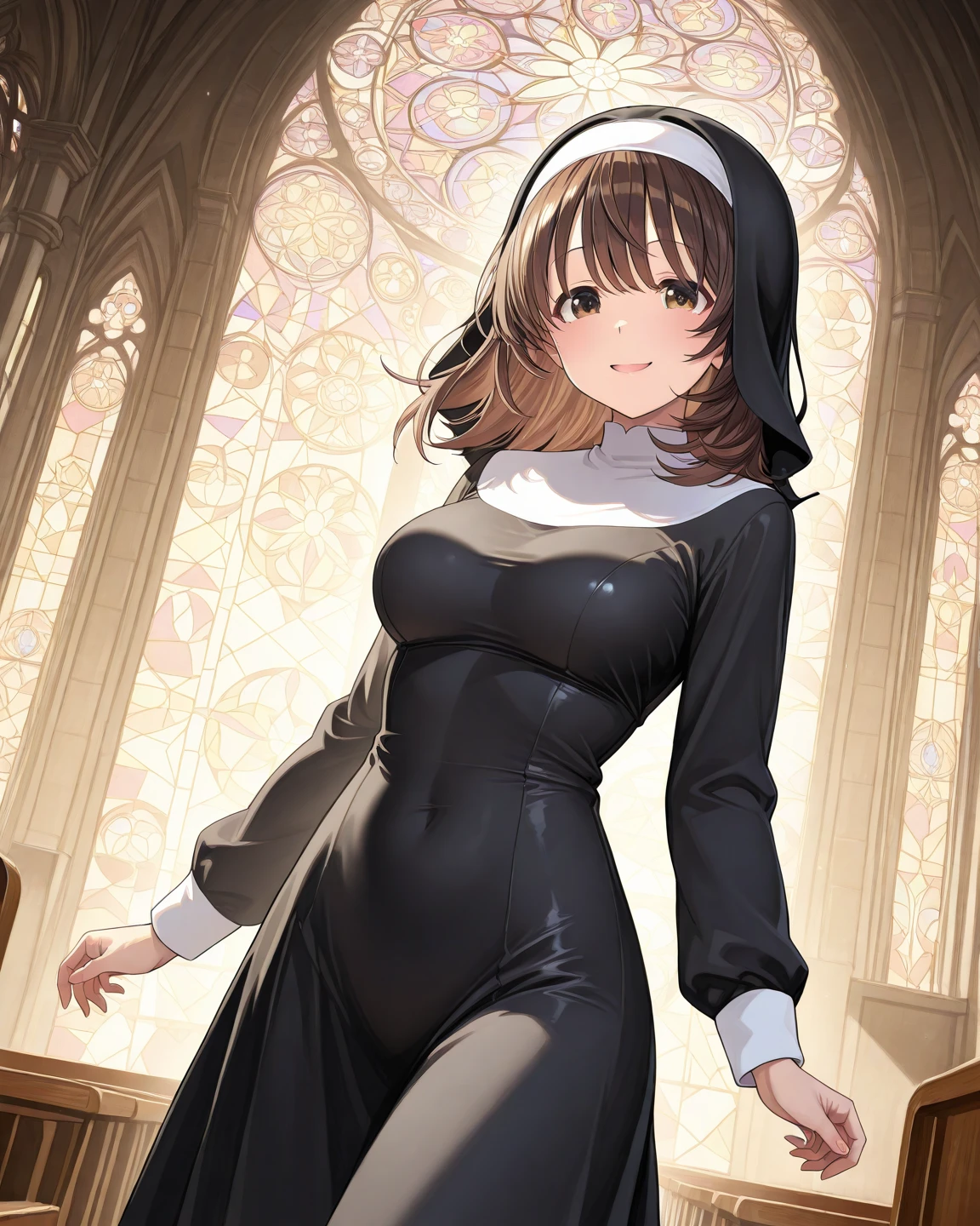 masterpiece, best quality,1girl,   solo, latex, nun, cenery, cloud, sky, outdoors, brown hair, rainbow, looking at viewer, brown eyes, short hair, traditional nun, city, day