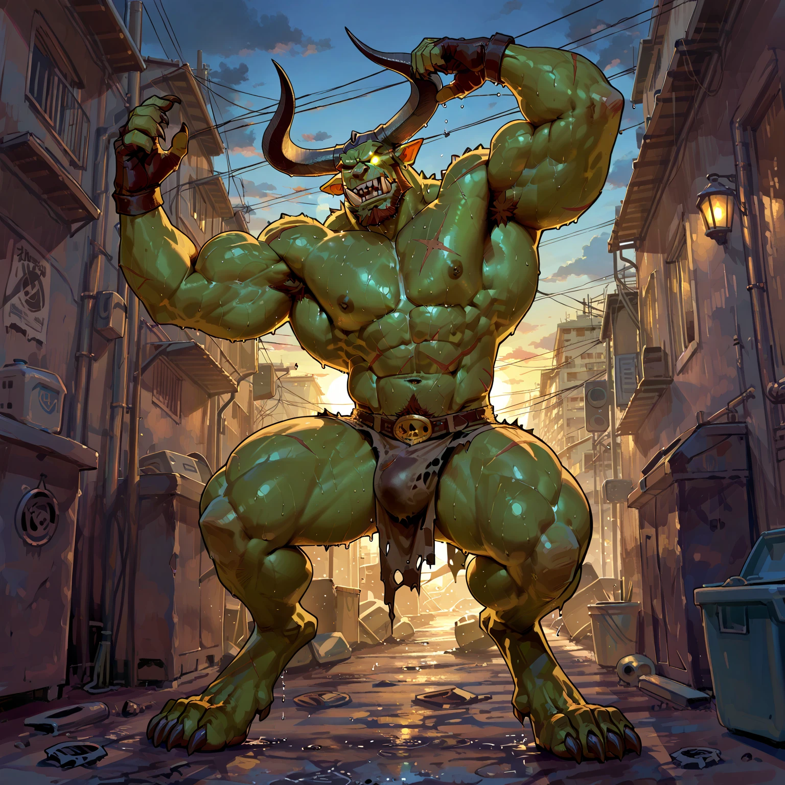 very thick humanoid demon with long muscular arms and sharp claws, dark desert and large rocks and dead trees in background