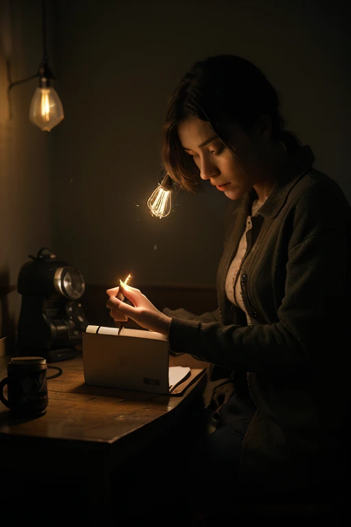 ((best quality)), ((masterpiece)), (detailed), perfect face a girl drawing someone in the dark with her lamp, side view, beutiful and comfy room, she is wearing a comfy clothes, she is beutiful and she is smilling, she has a small smile on her fave