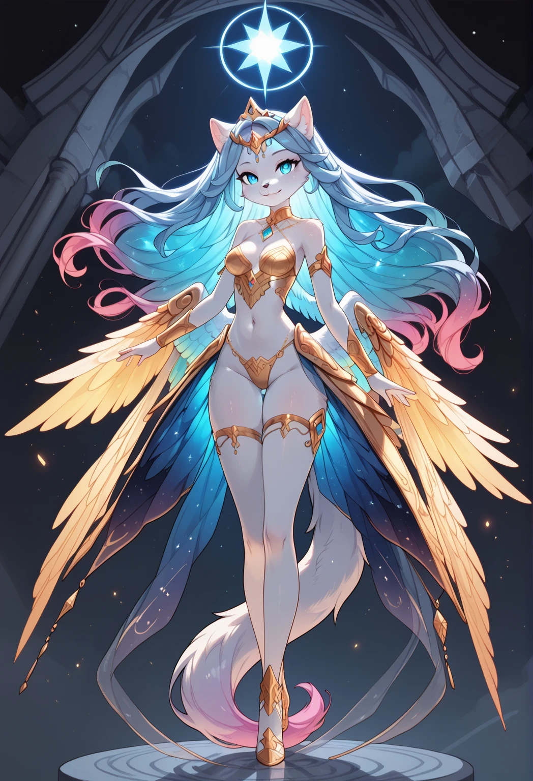 furry kemono commission style, a kemono dragon goddess with red horns and long white wavy hair, beautiful detailed eyes, beautiful detailed lips, extremely detailed face, blue eyes, happy expression, dressed in blue and red casual style, white wings of dragon on back, muscular and curvy figure, full body shot, semi-realistic, 8k, hyper-detailed, intricate details, dynamic pose, vibrant colors, dramatic lighting, fantasy art, digital painting