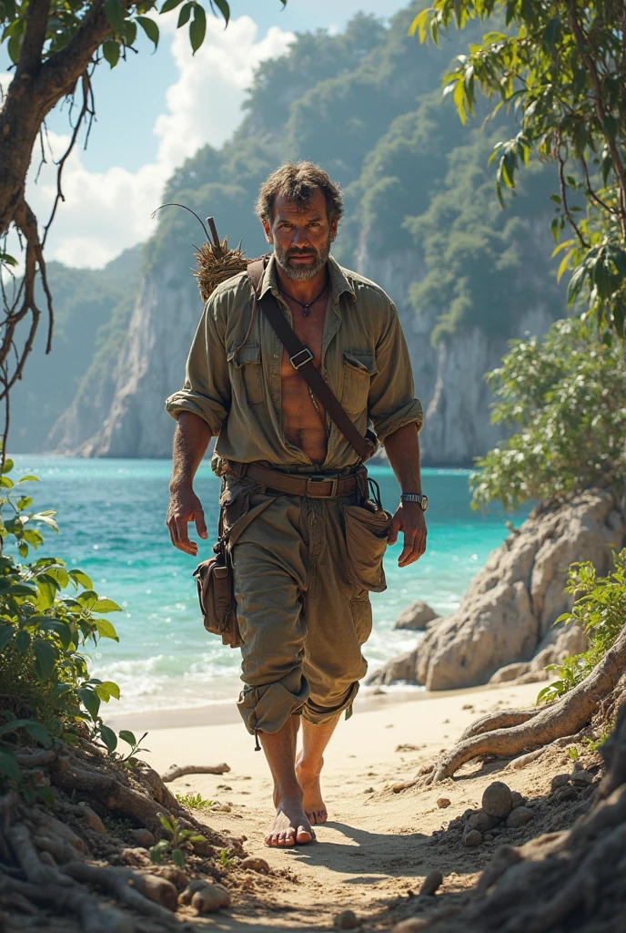 Hyper-realistic action scene in which Christopher Columbus closely examines the flora and fauna of America.. "Adds extremely precise details to plants., animals, and the shocked expression on Columbus&#39;s face, 8k, cinematic light, realistic photo, octane rendering, in focus, Masterpiece, 35mm,