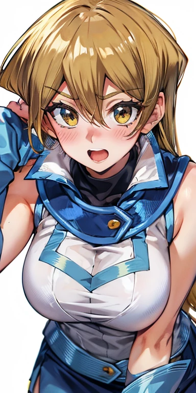 horse ear,Sleeveless blue dress,big breasts,I'm thin, but my dress digs into my flesh a little.,Sweat,Sweat stains on the armpits,Raise your arms and show your sides,close up of armpit,vapor,NSFW